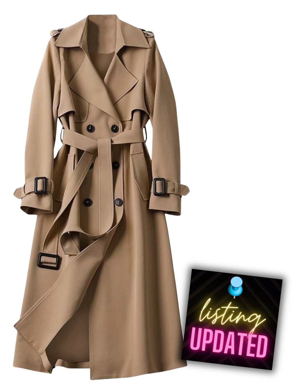 new Classic Double-Breasted Belted Long Camel Trench Coat, Full-Length Overcoat